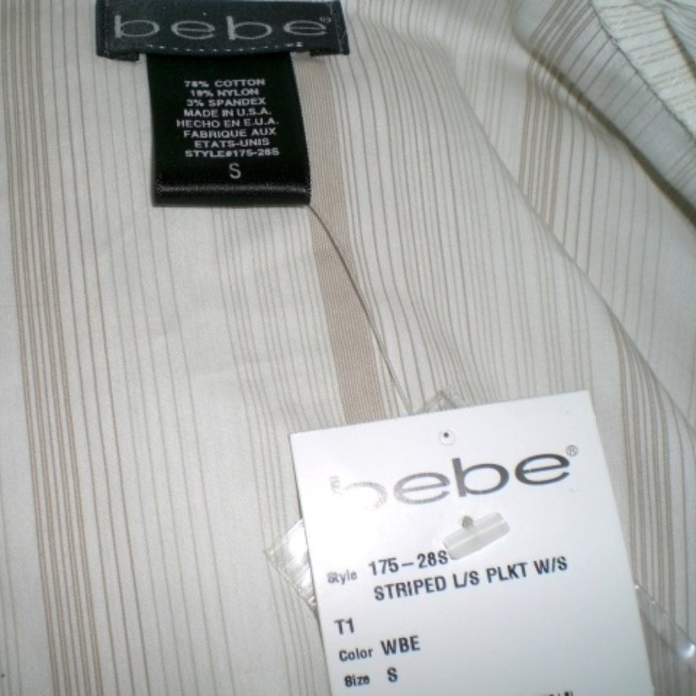 BEBE shirt beige white stripe long sleeve button up top NWT mod 70s vibe S - Picture 6 of 6